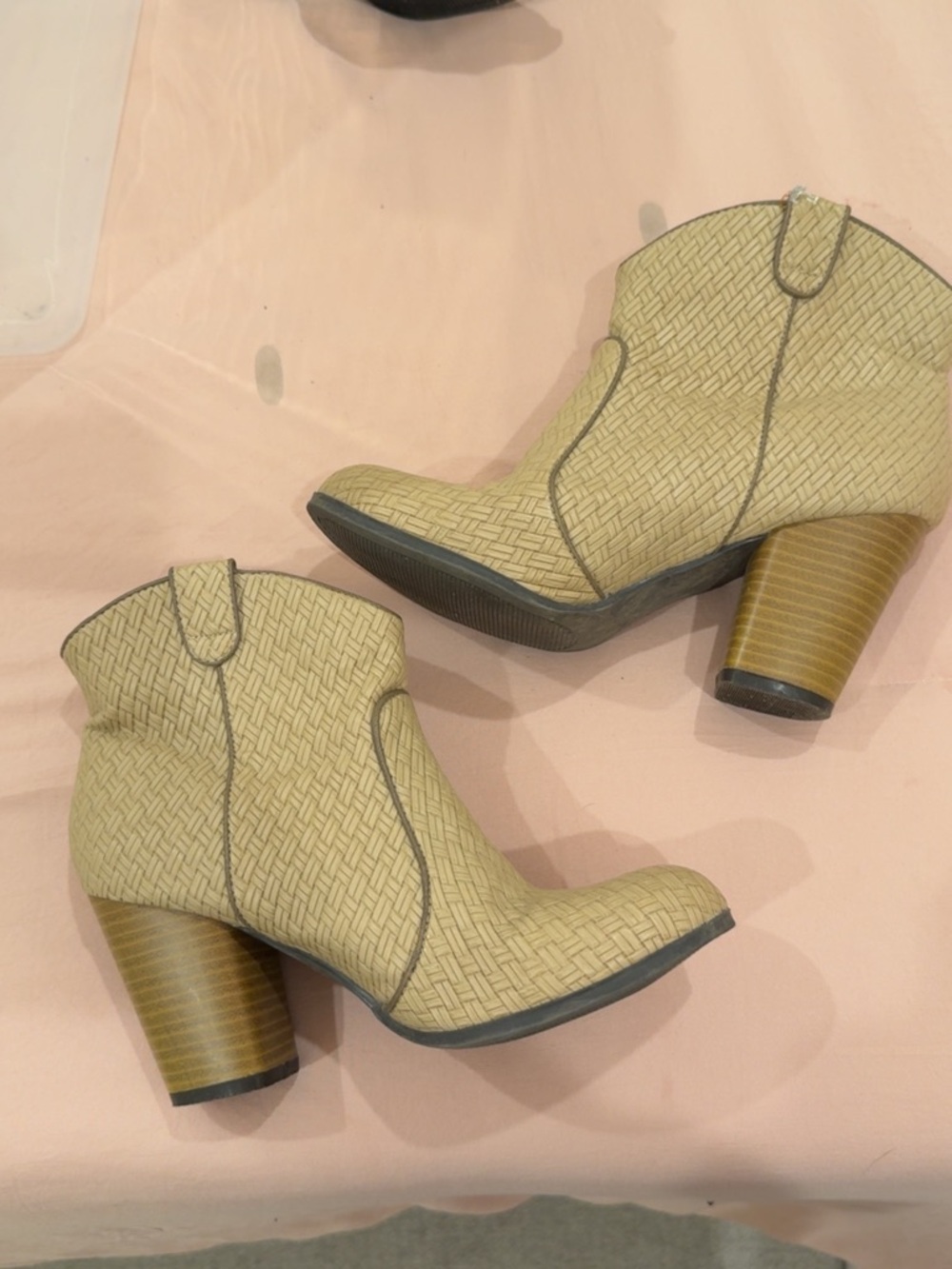 Woven Texture Tan Ankle Boots - Women's Fashion Heels